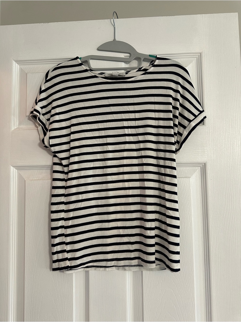 Green Envelope Black and White Striped Short Sleeve Tee